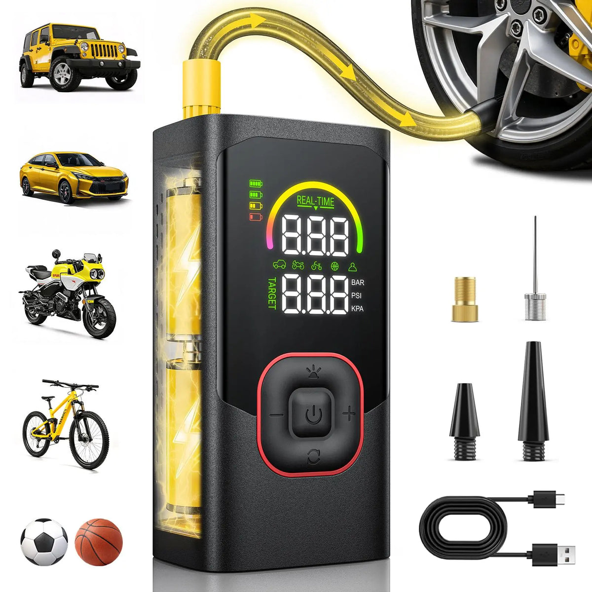 Cordless Tire Pump - Battery-Powered Automotive Inflator with Large Capacity Battery, Wireless Digital Screen, Enhanced Safety Features, Quick Inflate, Wirefree Use, Portable Pumps for Cars, Inflatables, Inflatables Users