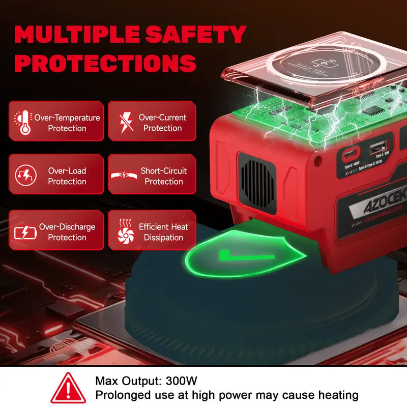 Adjustable 2–30V DC Voltage Regulator Compatible with Milwaukee 18V Battery – 300W XT60 Output, 100W USB-C PD3.1, 18W USB-A Fast Charging, 15W Wireless Charging, LCD Display