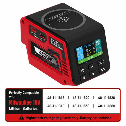 Adjustable 2–30V DC Voltage Regulator Compatible with Milwaukee 18V Battery – 300W XT60 Output, 100W USB-C PD3.1, 18W USB-A Fast Charging, 15W Wireless Charging, LCD Display