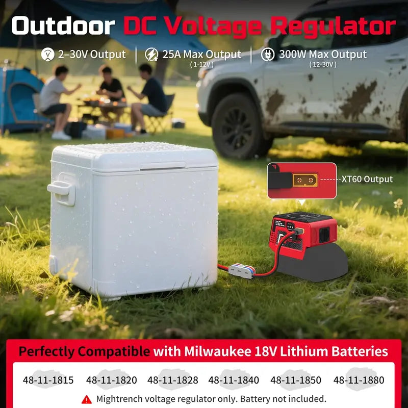 Adjustable 2–30V DC Voltage Regulator Compatible with Milwaukee 18V Battery – 300W XT60 Output, 100W USB-C PD3.1, 18W USB-A Fast Charging, 15W Wireless Charging, LCD Display