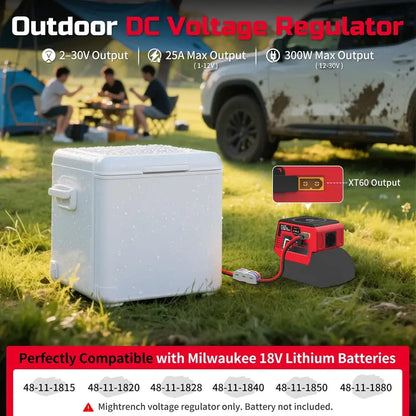 Adjustable 2–30V DC Voltage Regulator Compatible with Milwaukee 18V Battery – 300W XT60 Output, 100W USB-C PD3.1, 18W USB-A Fast Charging, 15W Wireless Charging, LCD Display