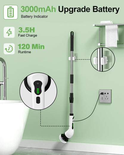 Cordless Electric Spin Scrubber – IPX7 Waterproof Power Cleaning Brush with 9 Replaceable Heads, 5-Speed Modes & Extendable Handle for Bathroom, Shower, Tile and Floor Cleaning