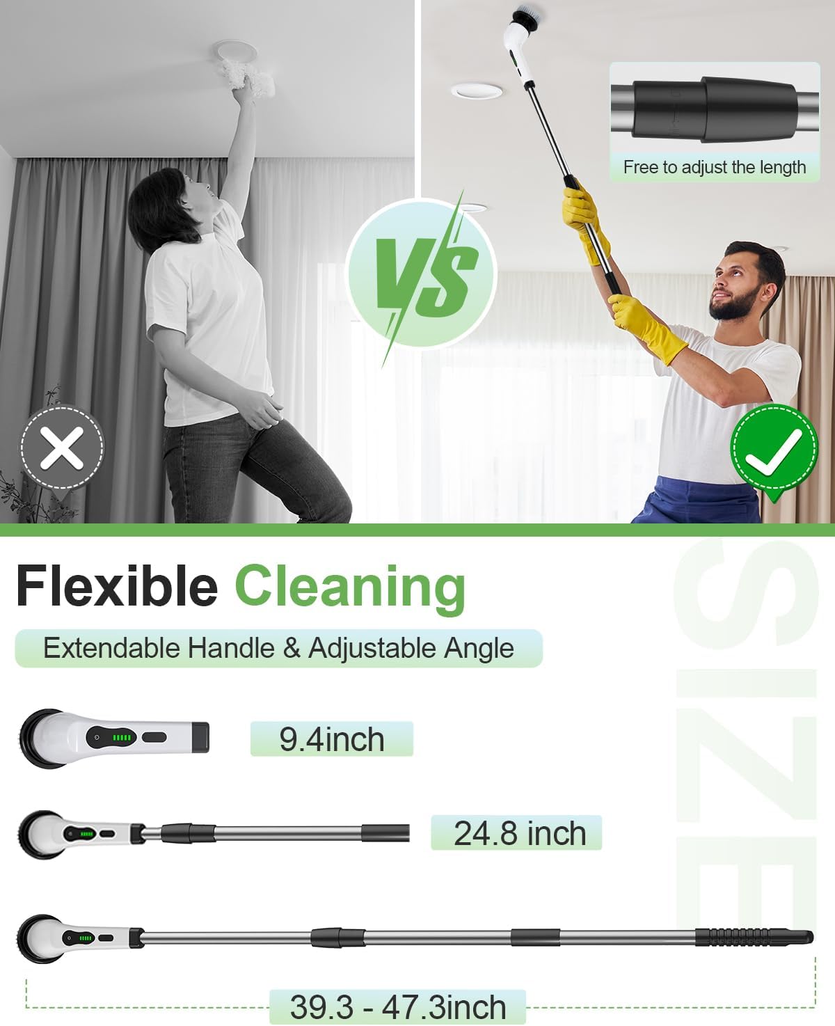 Cordless Electric Spin Scrubber – IPX7 Waterproof Power Cleaning Brush with 9 Replaceable Heads, 5-Speed Modes & Extendable Handle for Bathroom, Shower, Tile and Floor Cleaning