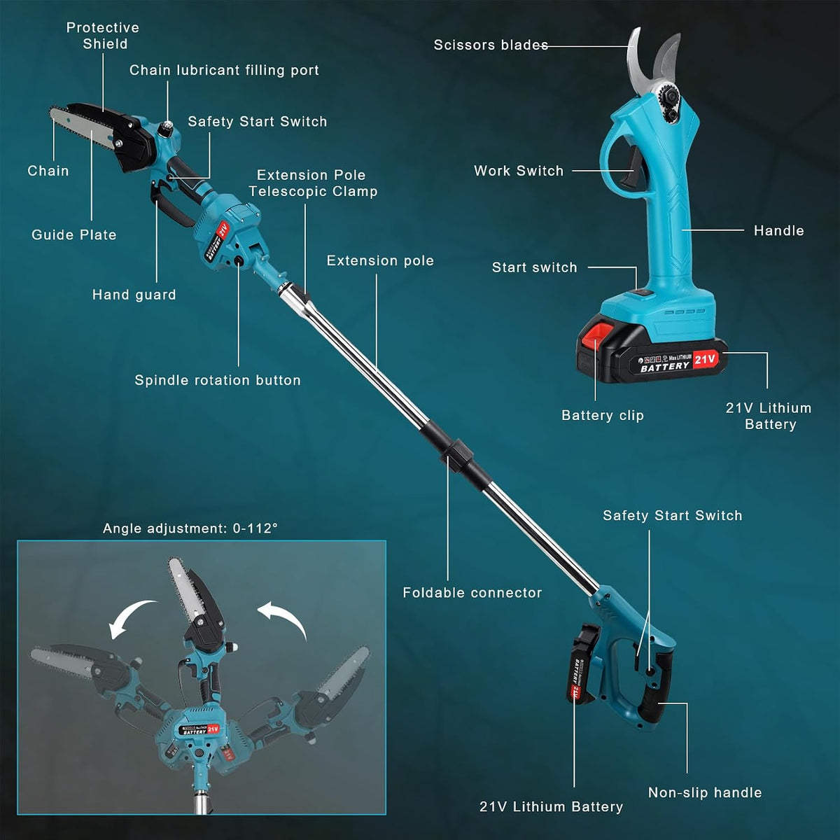 4-in-1 Cordless Pole Saw & Electric Pruning Shears Kit – 21V Battery Powered Tree Trimmer with Extension Pole, Brushless Motor, SK5 Blade & 2 Batteries for Yard Work