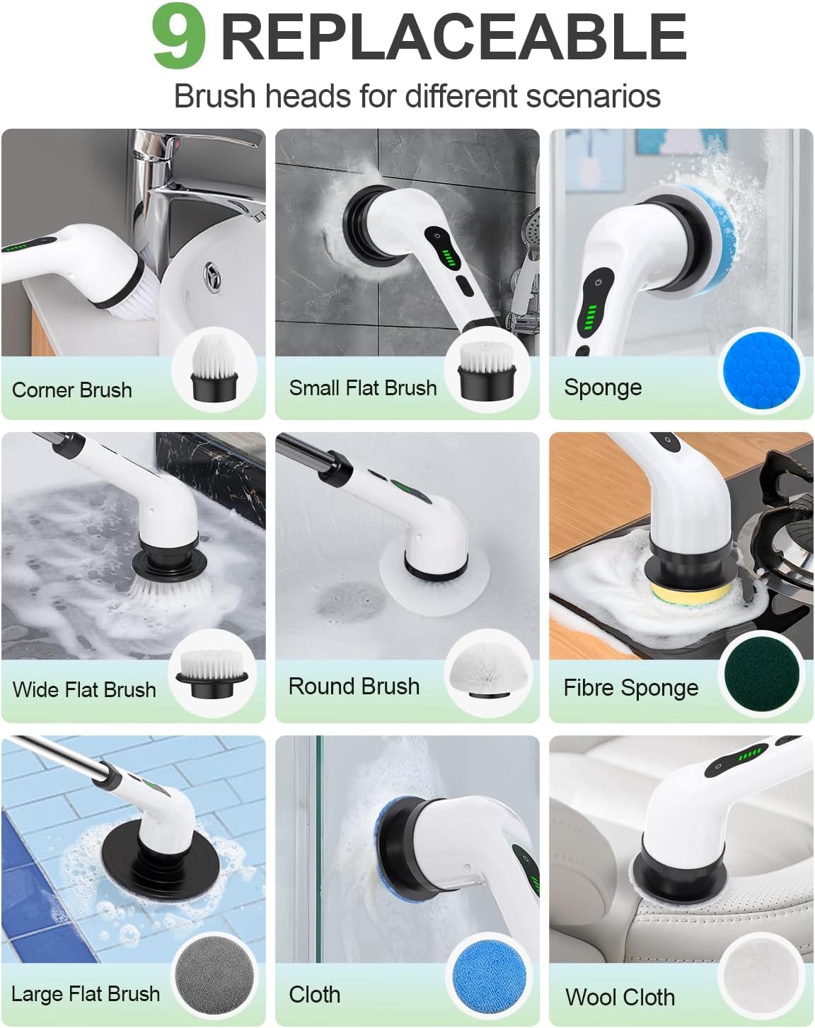 Cordless Electric Spin Scrubber – IPX7 Waterproof Power Cleaning Brush with 9 Replaceable Heads, 5-Speed Modes & Extendable Handle for Bathroom, Shower, Tile and Floor Cleaning