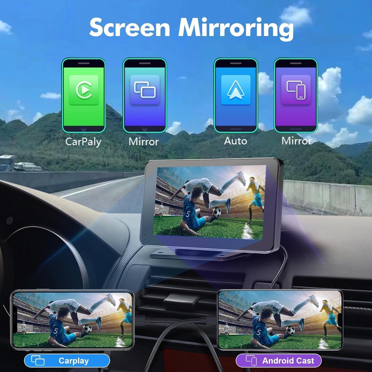 2026 Upgraded Wireless CarPlay Adapter, 1080p App Mirroring, Android Auto Ready for Android & iPhone, Portable Media Player Monitor for Cars/RVs/Trucks, Car Accessories, Auto Accessories Interior