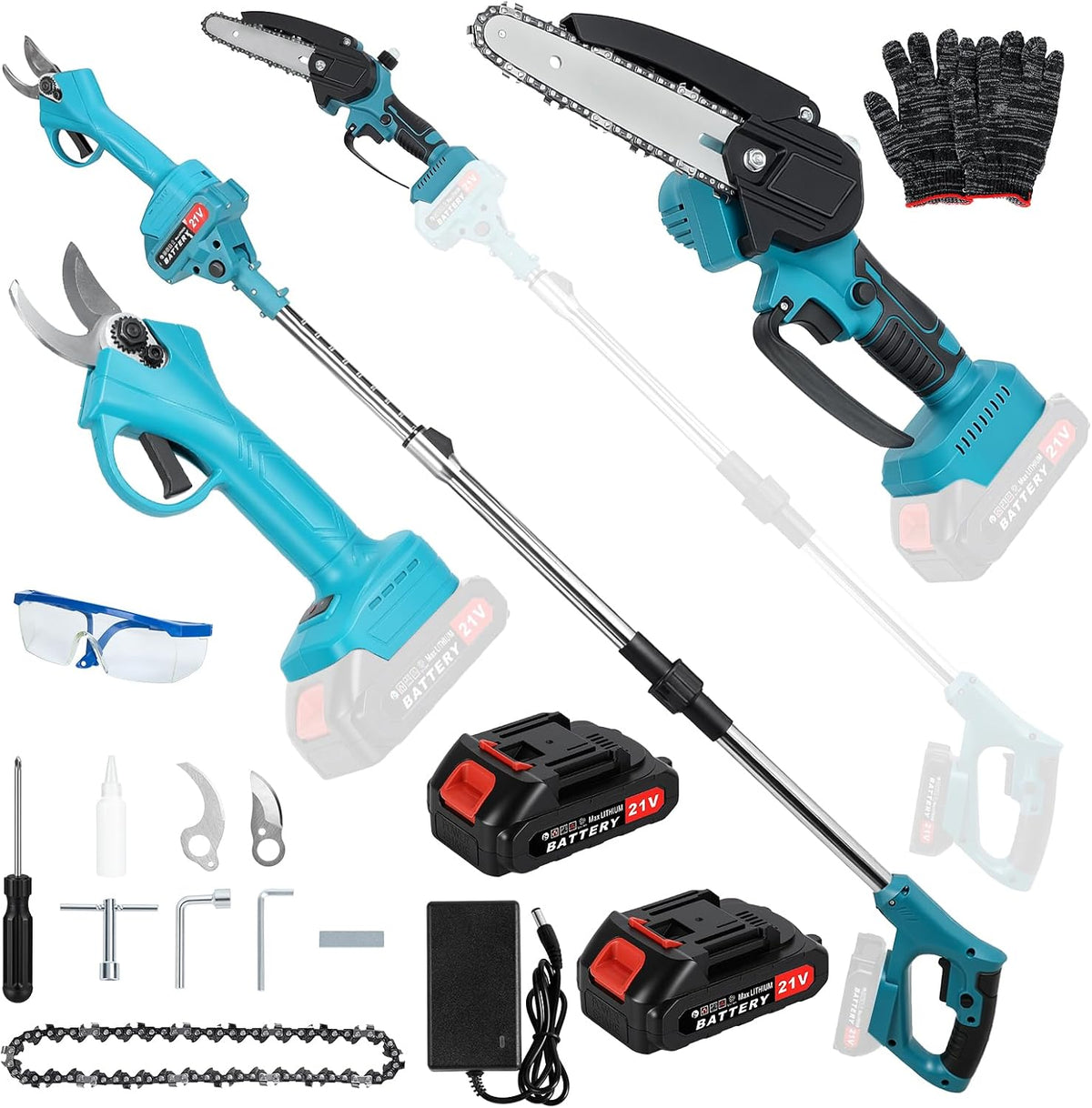 4-in-1 Cordless Pole Saw & Electric Pruning Shears Kit – 21V Battery Powered Tree Trimmer with Extension Pole, Brushless Motor, SK5 Blade & 2 Batteries for Yard Work