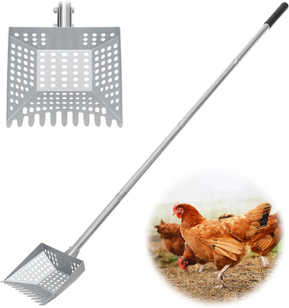 Chicken Poop Scooper Durable Metal 38 to 66" Adjustable Long Sifting Shovel for Chicken Coop Cleaning Horse Litterbox No Bending