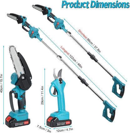 4-in-1 Cordless Pole Saw & Electric Pruning Shears Kit – 21V Battery Powered Tree Trimmer with Extension Pole, Brushless Motor, SK5 Blade & 2 Batteries for Yard Work