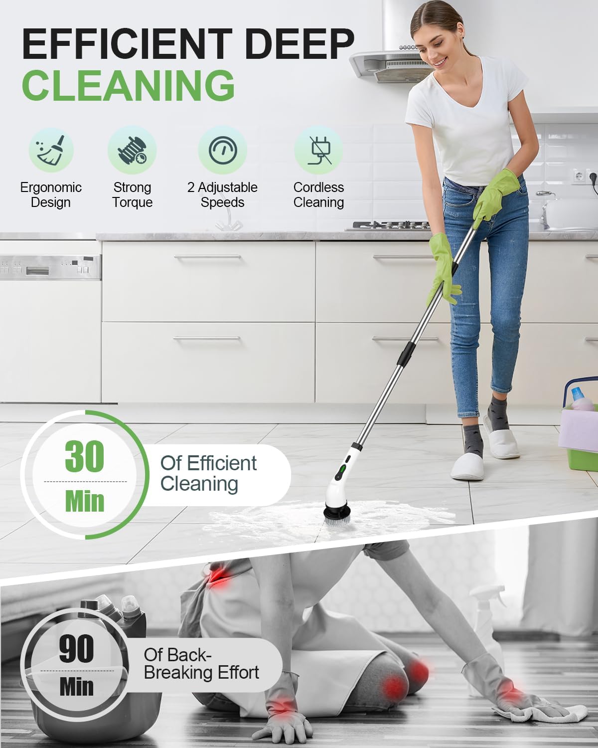 Cordless Electric Spin Scrubber – IPX7 Waterproof Power Cleaning Brush with 9 Replaceable Heads, 5-Speed Modes & Extendable Handle for Bathroom, Shower, Tile and Floor Cleaning