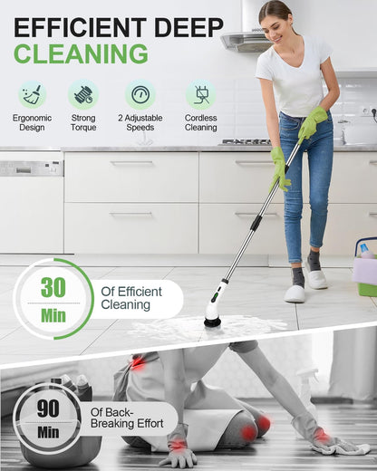 Cordless Electric Spin Scrubber – IPX7 Waterproof Power Cleaning Brush with 9 Replaceable Heads, 5-Speed Modes & Extendable Handle for Bathroom, Shower, Tile and Floor Cleaning