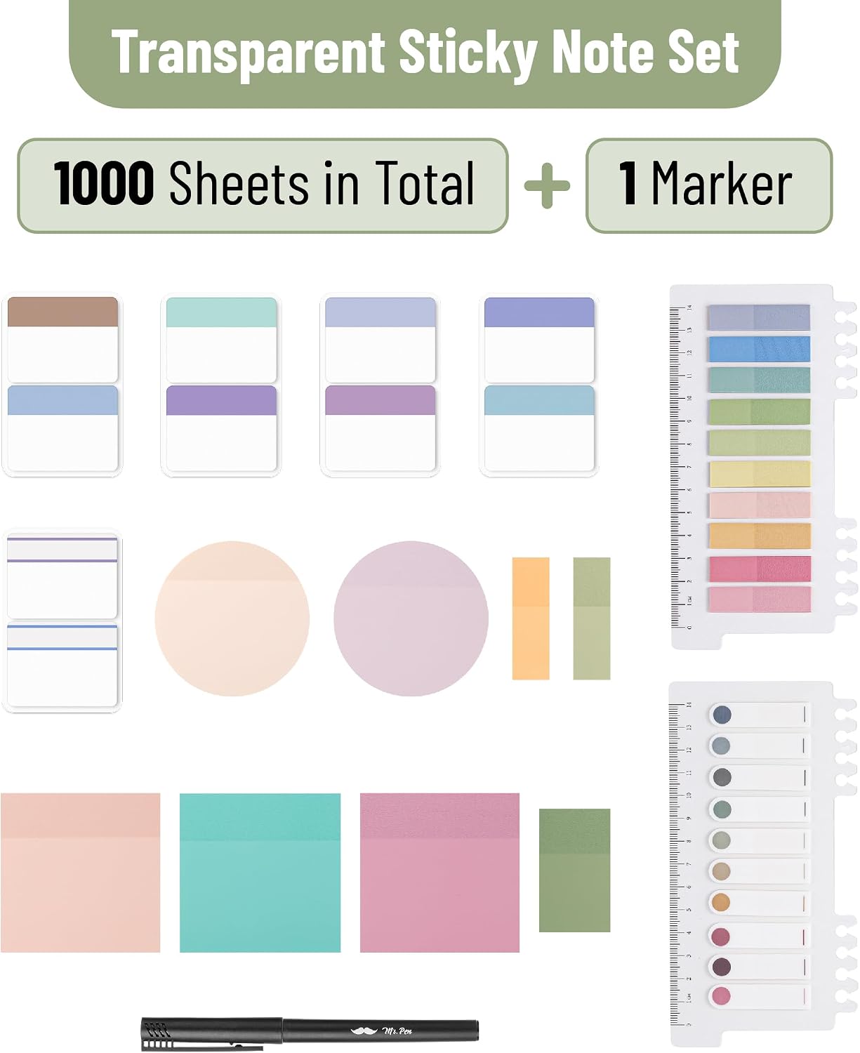 Mr. Pen Transparent Adhesive Sticky Note Set - 1000 Colorful Sheets with Adhesive Backing, Different Sizes, Productivity Essential Tool, Giftable Back to School Office Stationery Desk Accessory