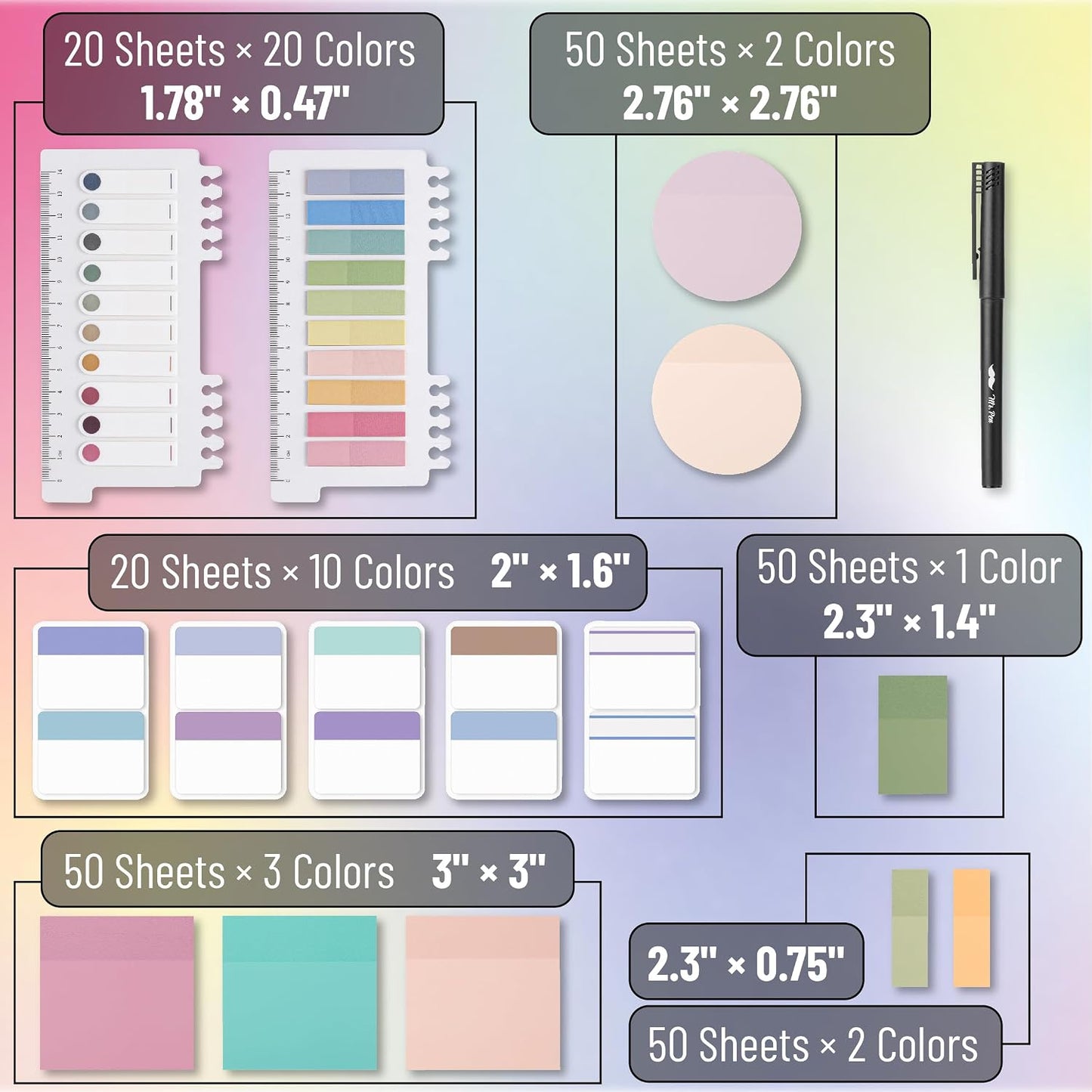 Mr. Pen Transparent Adhesive Sticky Note Set - 1000 Colorful Sheets with Adhesive Backing, Different Sizes, Productivity Essential Tool, Giftable Back to School Office Stationery Desk Accessory