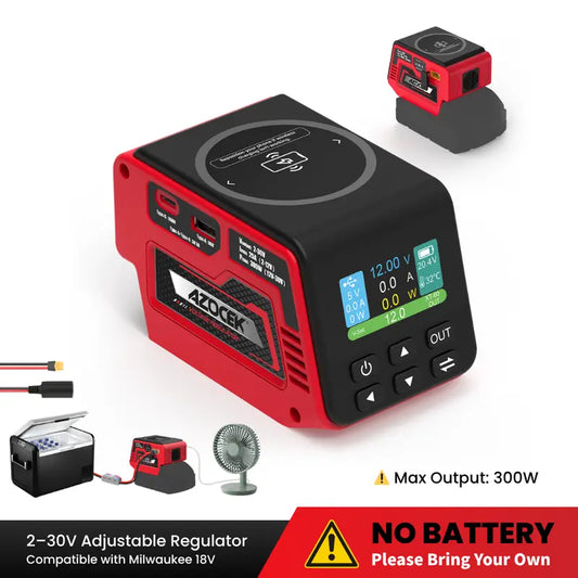 Adjustable 2–30V DC Voltage Regulator Compatible with Milwaukee 18V Battery – 300W XT60 Output, 100W USB-C PD3.1, 18W USB-A Fast Charging, 15W Wireless Charging, LCD Display
