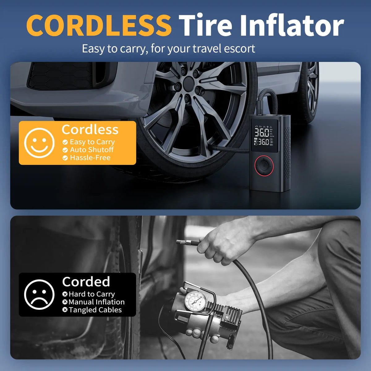 Cordless Tire Pump - Battery-Powered Automotive Inflator with Large Capacity Battery, Wireless Digital Screen, Enhanced Safety Features, Quick Inflate, Wirefree Use, Portable Pumps for Cars, Inflatables, Inflatables Users