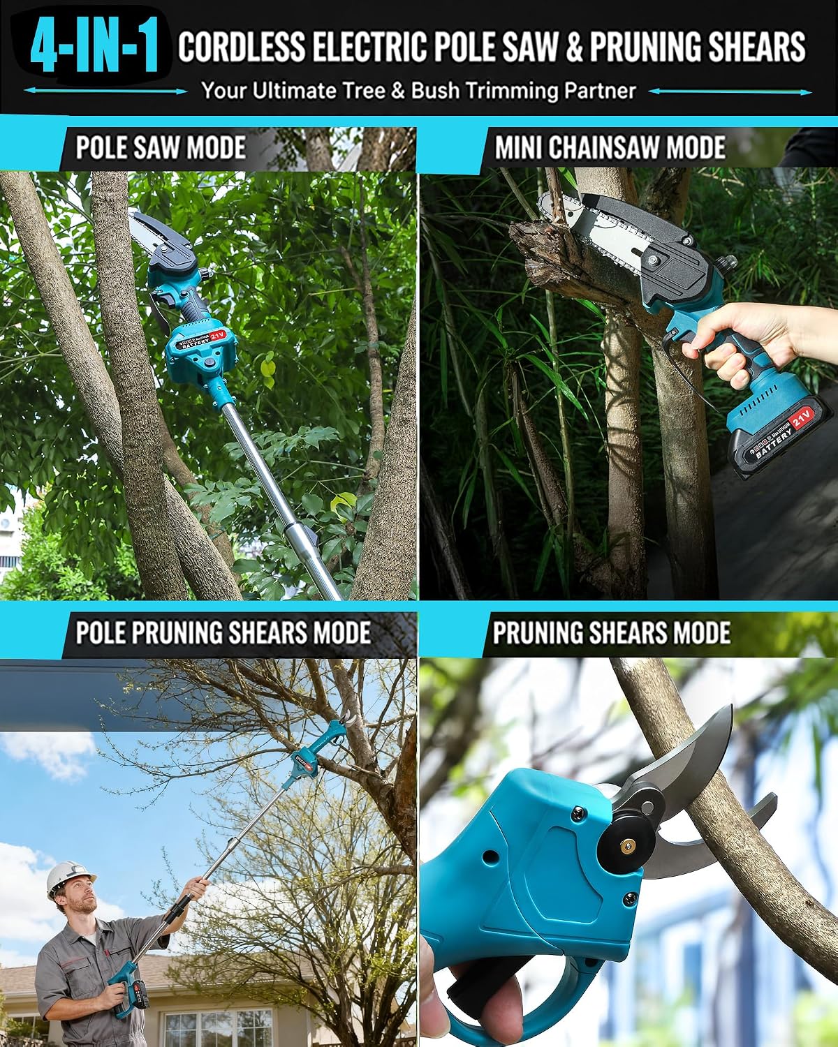 4-in-1 Cordless Pole Saw & Electric Pruning Shears Kit – 21V Battery Powered Tree Trimmer with Extension Pole, Brushless Motor, SK5 Blade & 2 Batteries for Yard Work