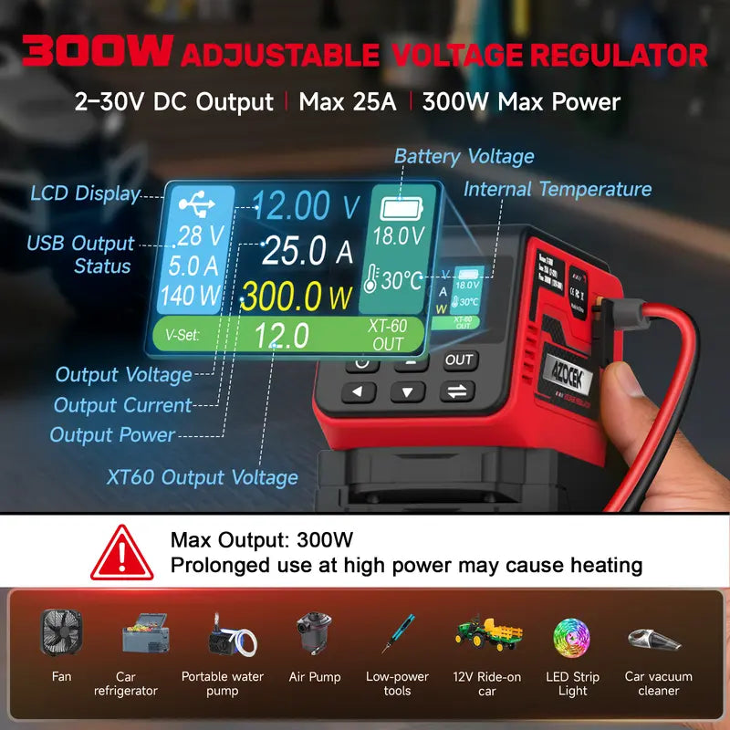 Adjustable 2–30V DC Voltage Regulator Compatible with Milwaukee 18V Battery – 300W XT60 Output, 100W USB-C PD3.1, 18W USB-A Fast Charging, 15W Wireless Charging, LCD Display