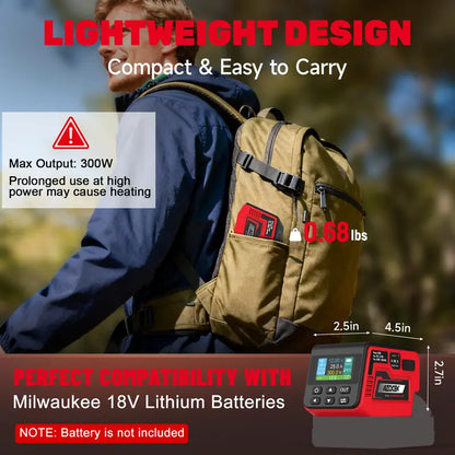 Adjustable 2–30V DC Voltage Regulator Compatible with Milwaukee 18V Battery – 300W XT60 Output, 100W USB-C PD3.1, 18W USB-A Fast Charging, 15W Wireless Charging, LCD Display