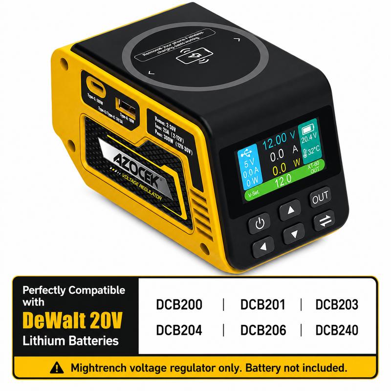 Adjustable 2–30V DC Voltage Regulator Compatible with Milwaukee 18V Battery – 300W XT60 Output, 100W USB-C PD3.1, 18W USB-A Fast Charging, 15W Wireless Charging, LCD Display