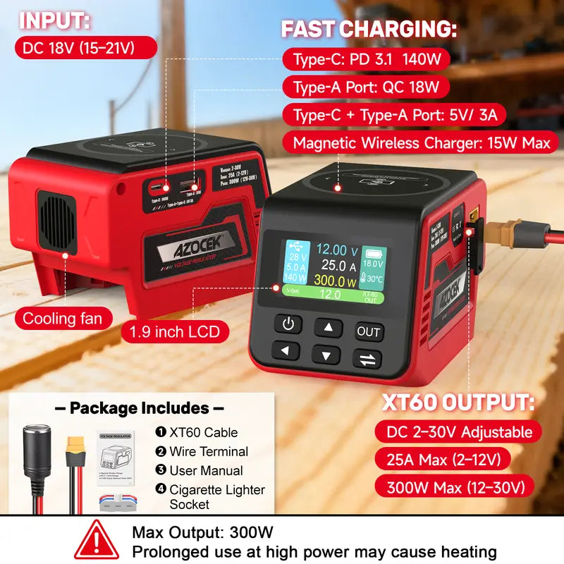 Adjustable 2–30V DC Voltage Regulator Compatible with Milwaukee 18V Battery – 300W XT60 Output, 100W USB-C PD3.1, 18W USB-A Fast Charging, 15W Wireless Charging, LCD Display